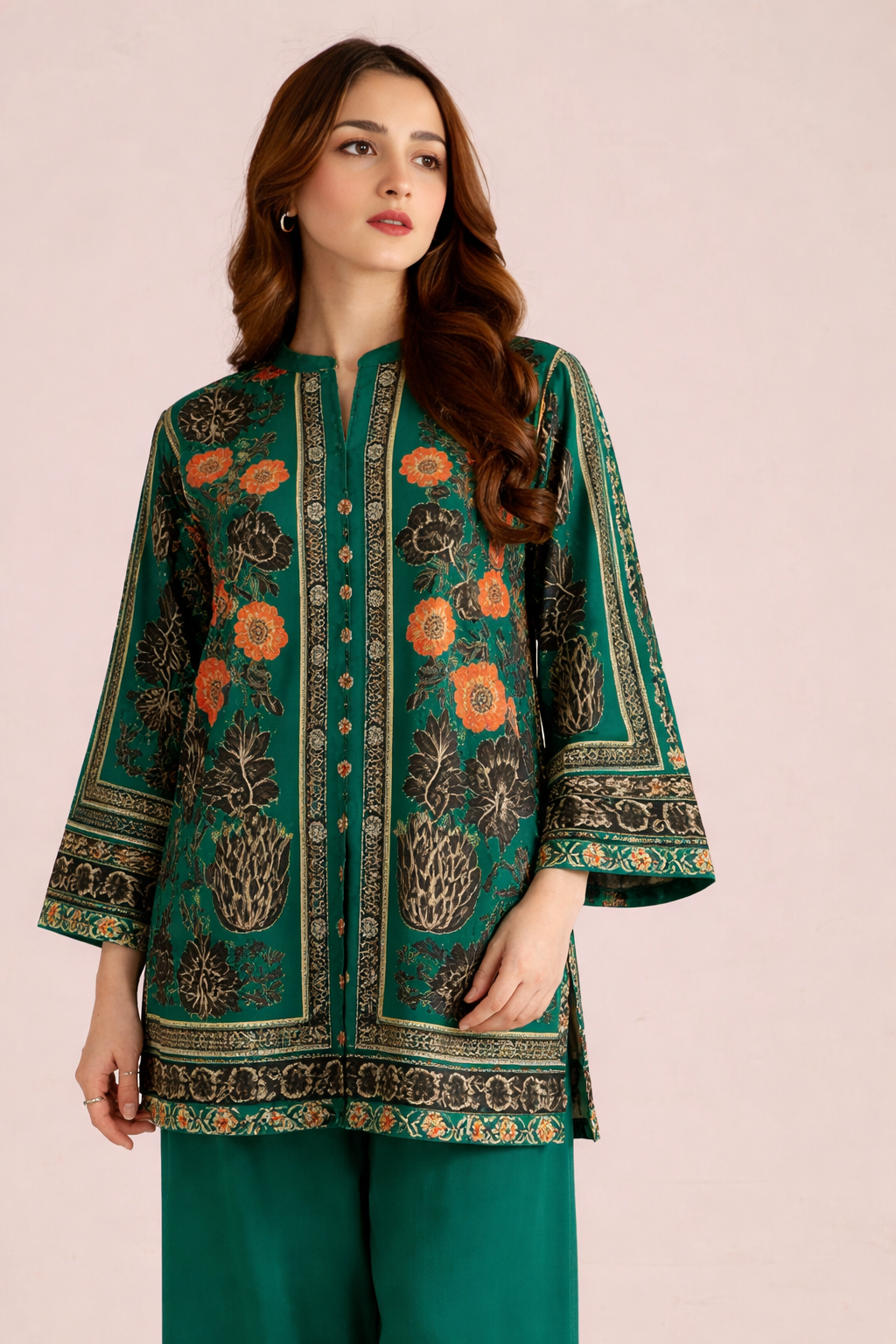 Deepgreen Floral Printed Co-Ord Set with Wide-Leg Pants