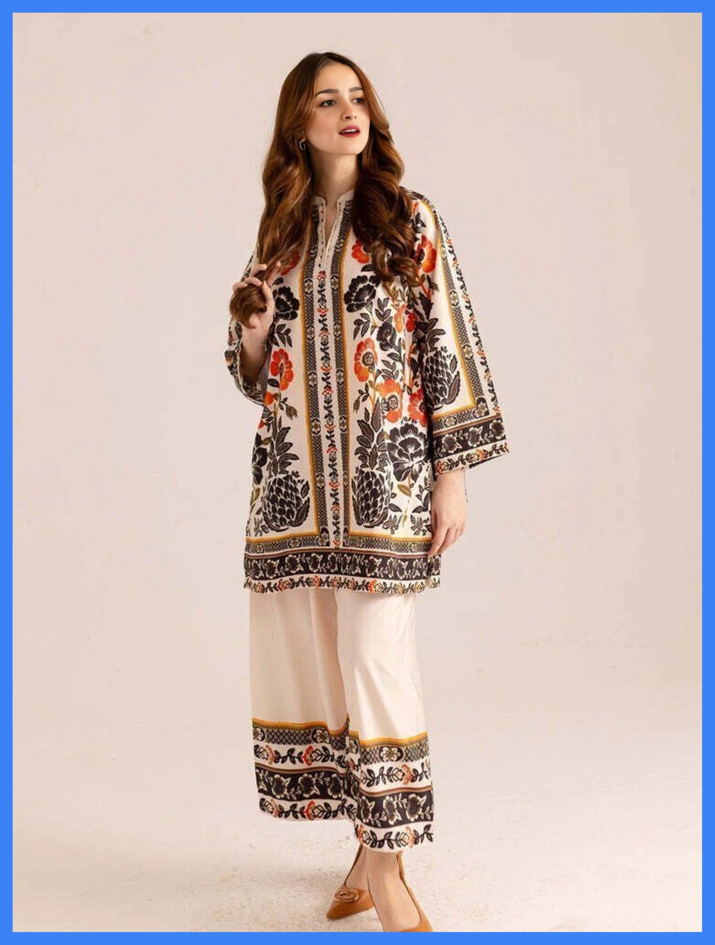 Ivory Floral Printed Co-Ord Set with Wide-Leg Pants