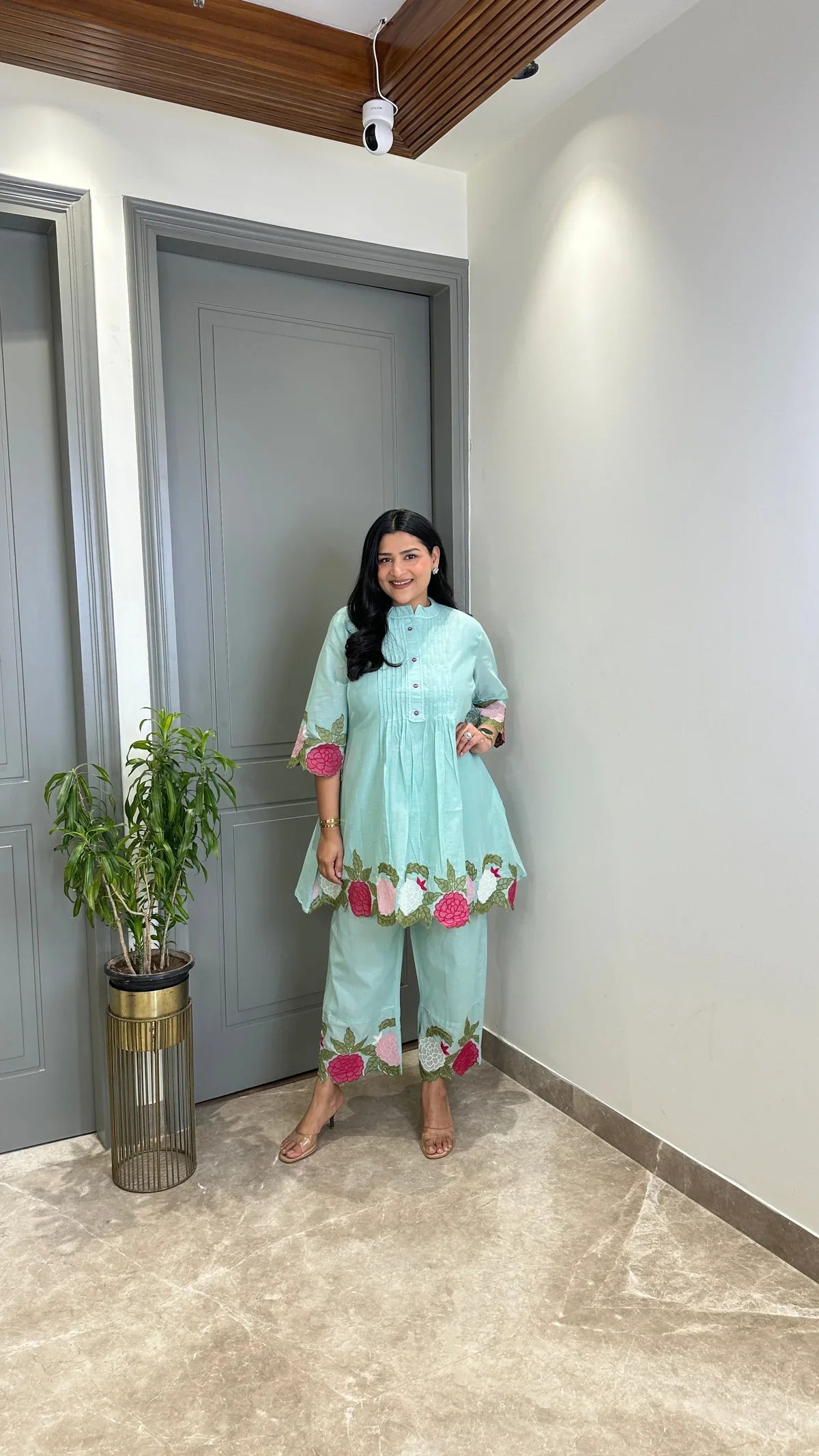 Powder Blue Floral Mul Cord Set