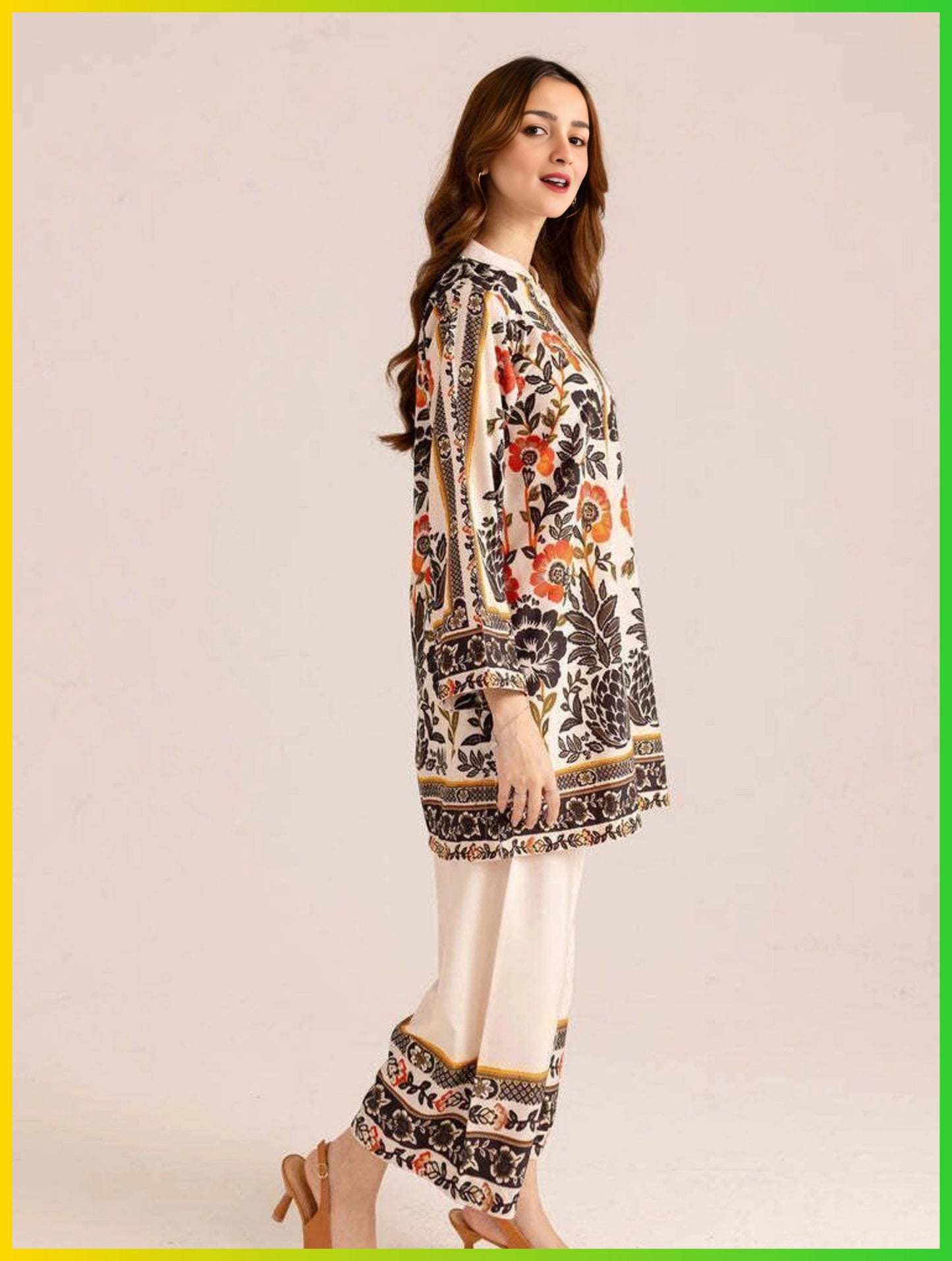 Ivory Floral Printed Co-Ord Set with Wide-Leg Pants