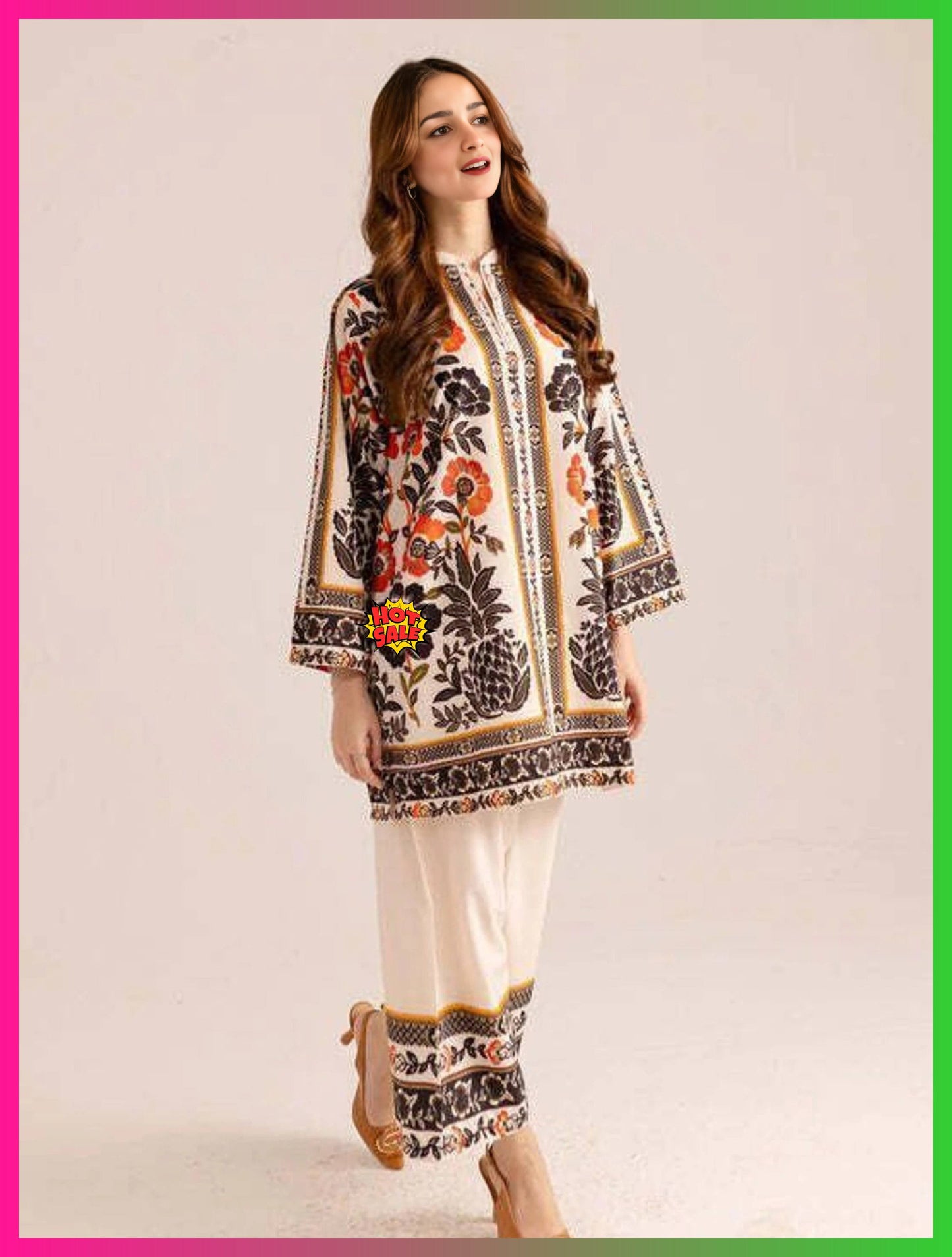 Ivory Floral Printed Co-Ord Set with Wide-Leg Pants