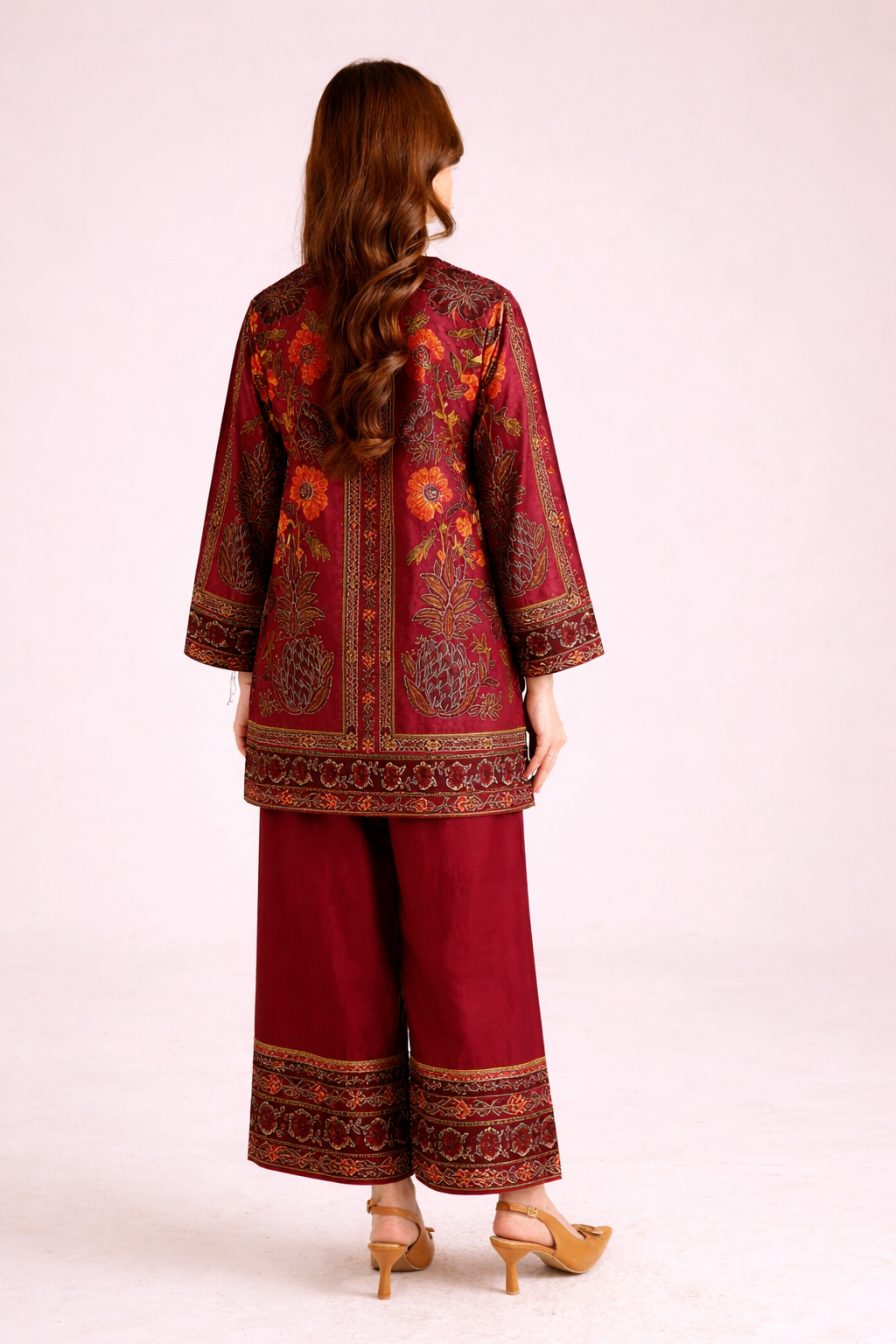 Maroon Floral Printed Co-Ord Set with Wide-Leg Pants