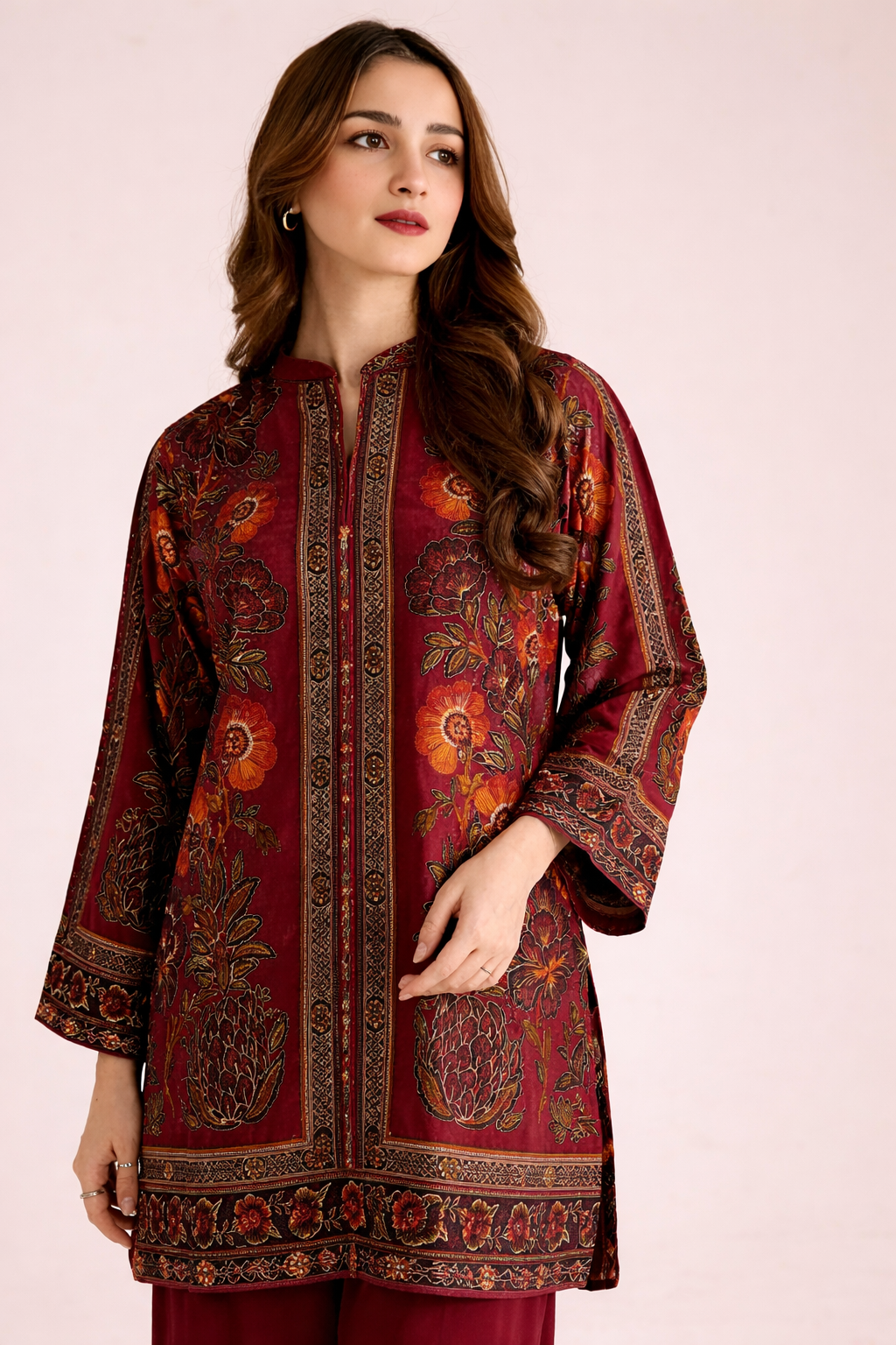 Maroon Floral Printed Co-Ord Set with Wide-Leg Pants