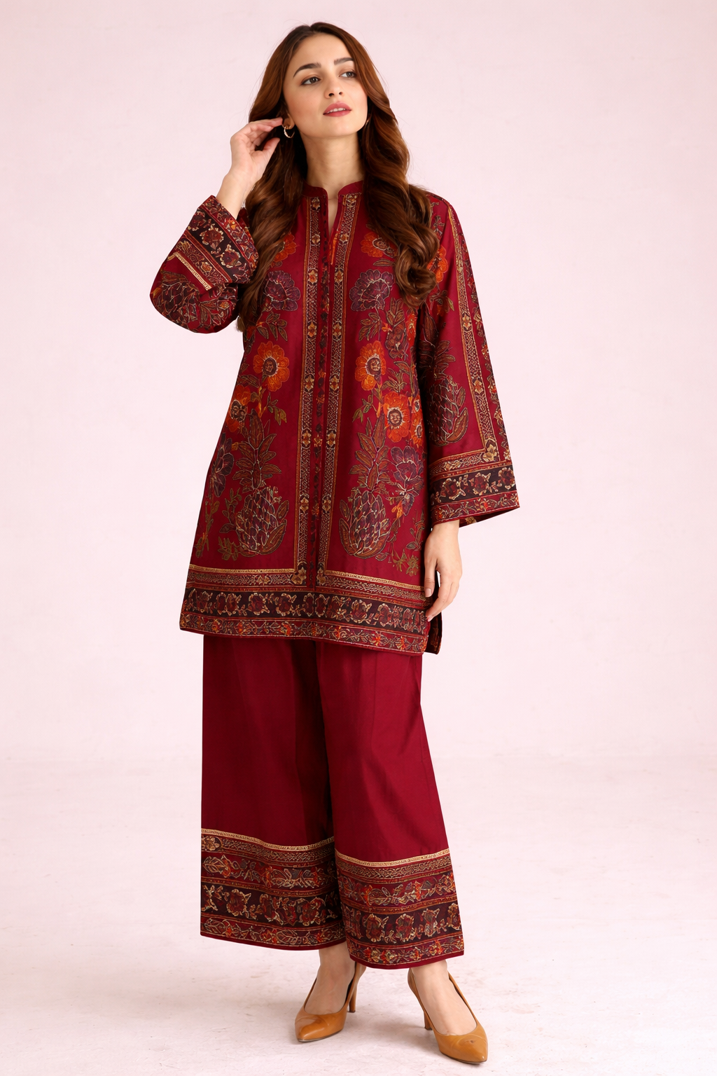 Maroon Floral Printed Co-Ord Set with Wide-Leg Pants