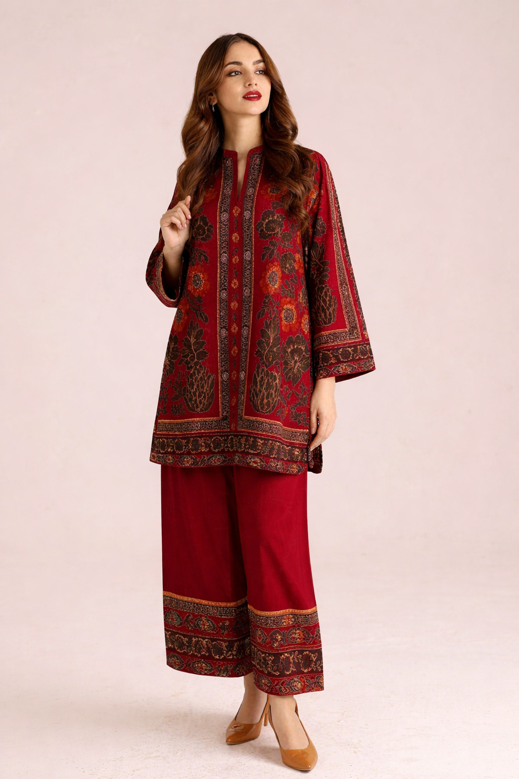 Maroon Floral Printed Co-Ord Set with Wide-Leg Pants