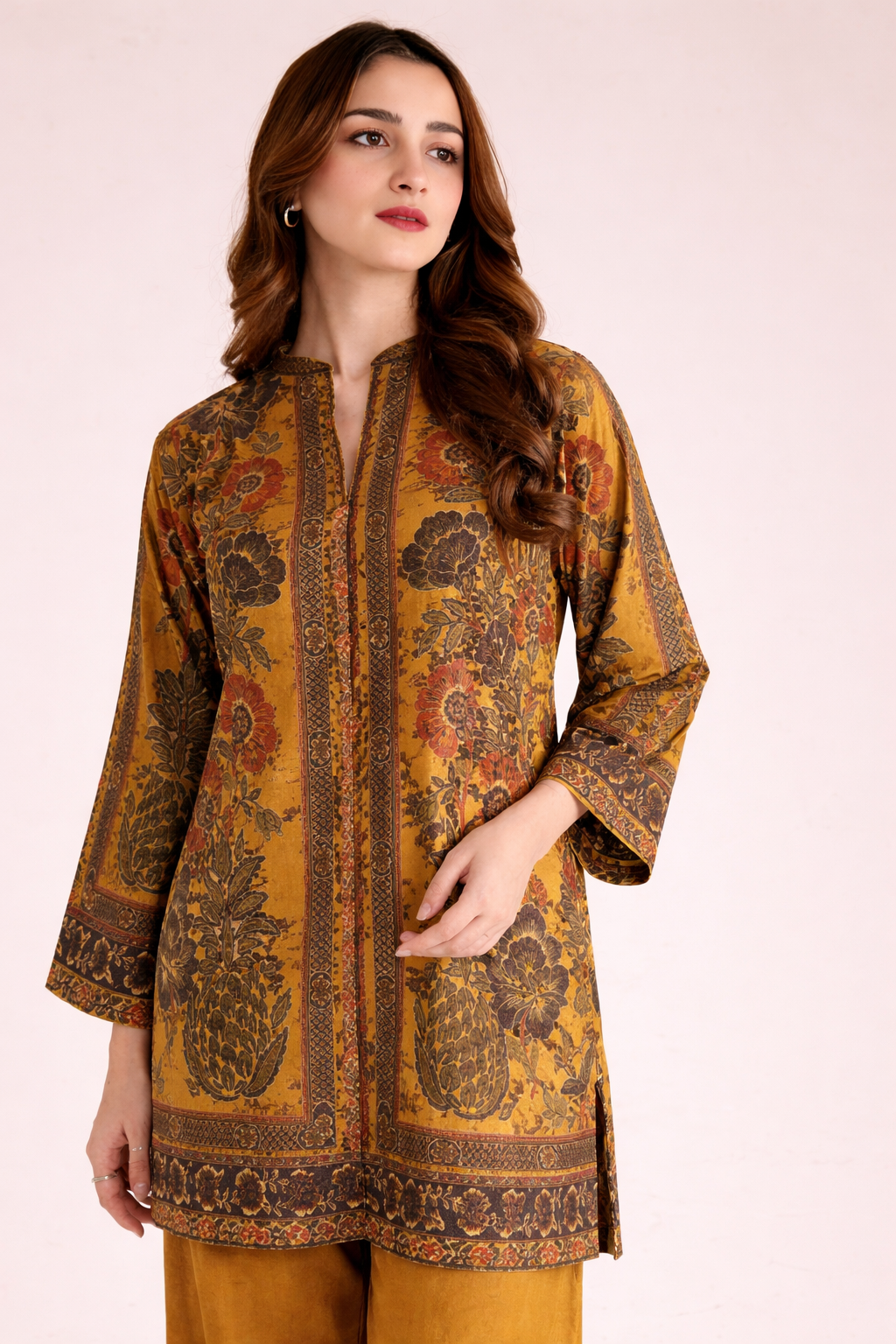 Yellow Floral Printed Co-Ord Set with Wide-Leg Pants
