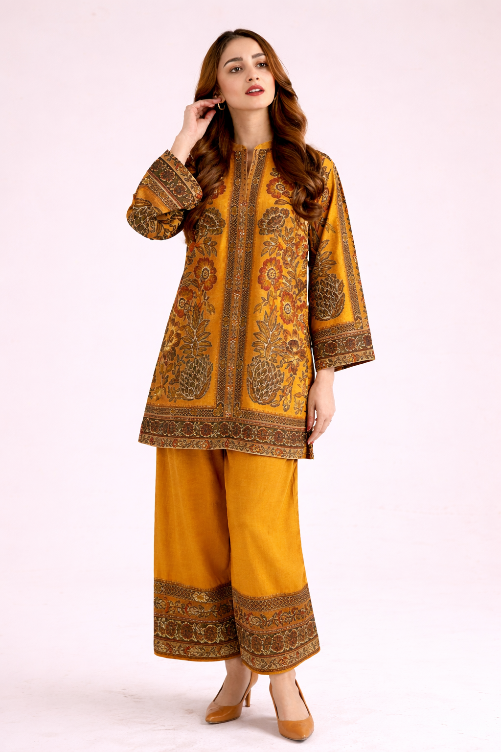 Yellow Floral Printed Co-Ord Set with Wide-Leg Pants